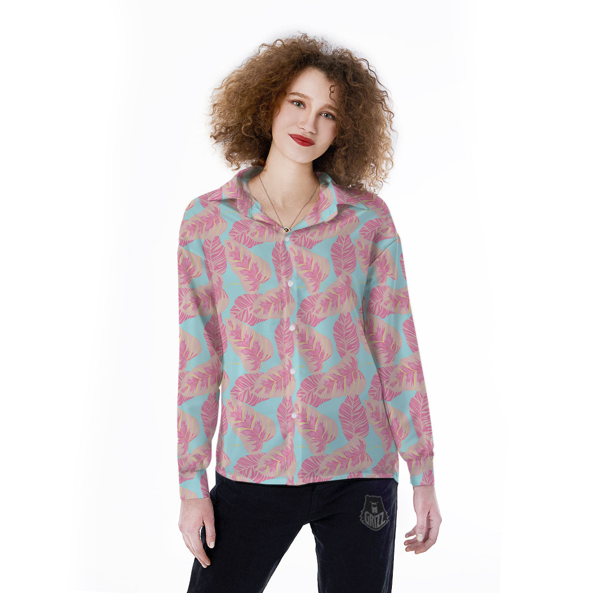 Tropical Leaf Pink And Teal Print Pattern Women's Long Sleeve Shirts-grizzshop