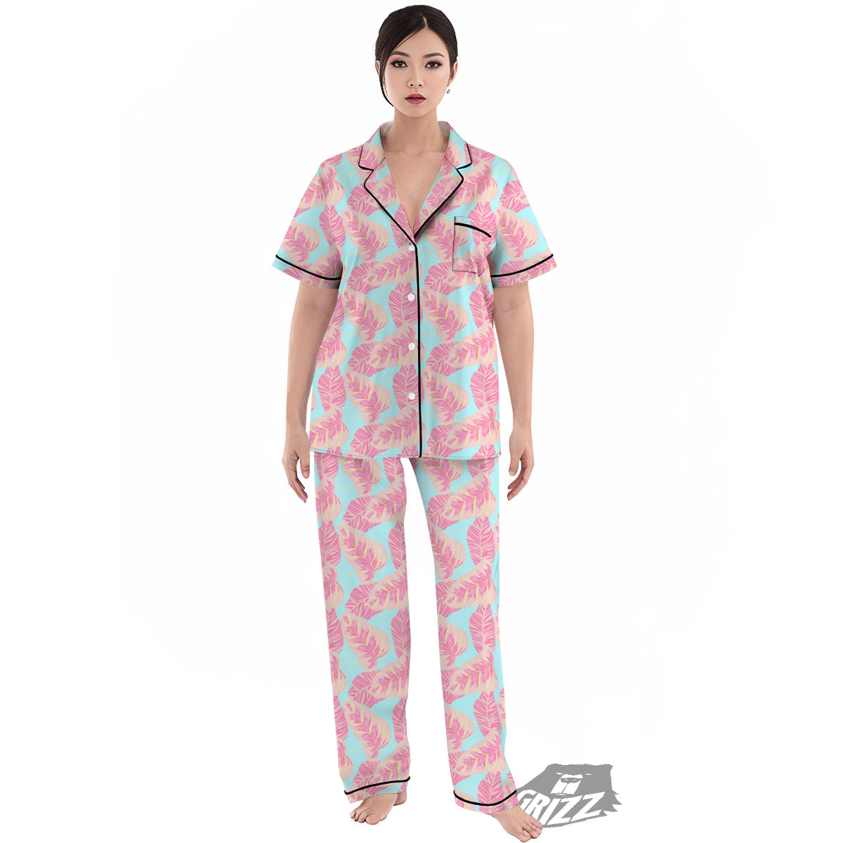 Tropical Leaf Pink And Teal Print Pattern Women's Pajamas Set-grizzshop