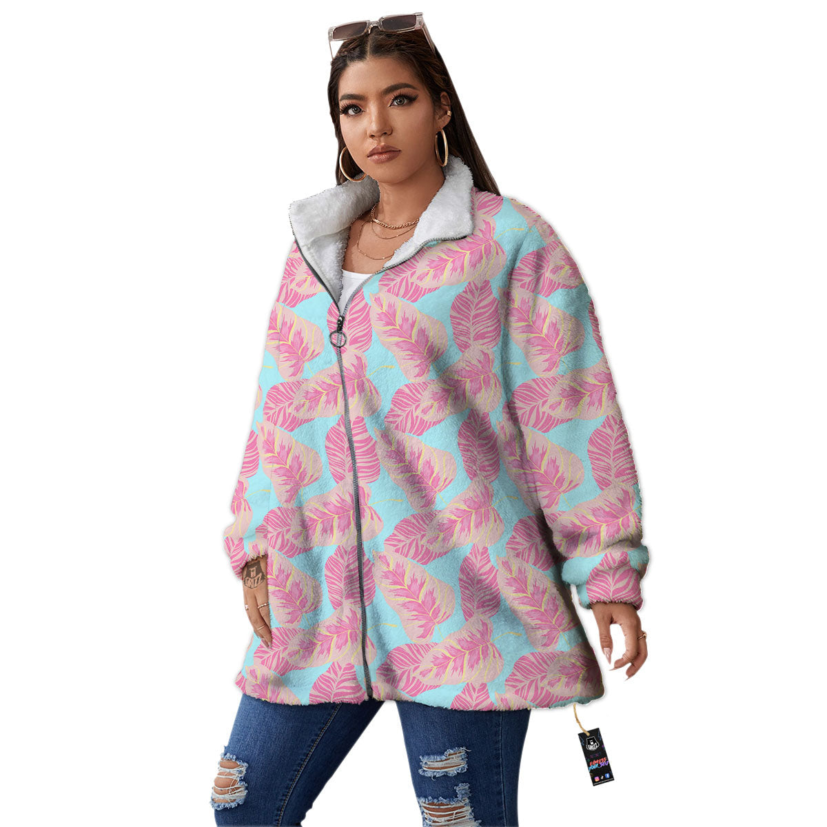 Tropical Leaf Pink And Teal Print Pattern Women's Sherpa Jacket-grizzshop