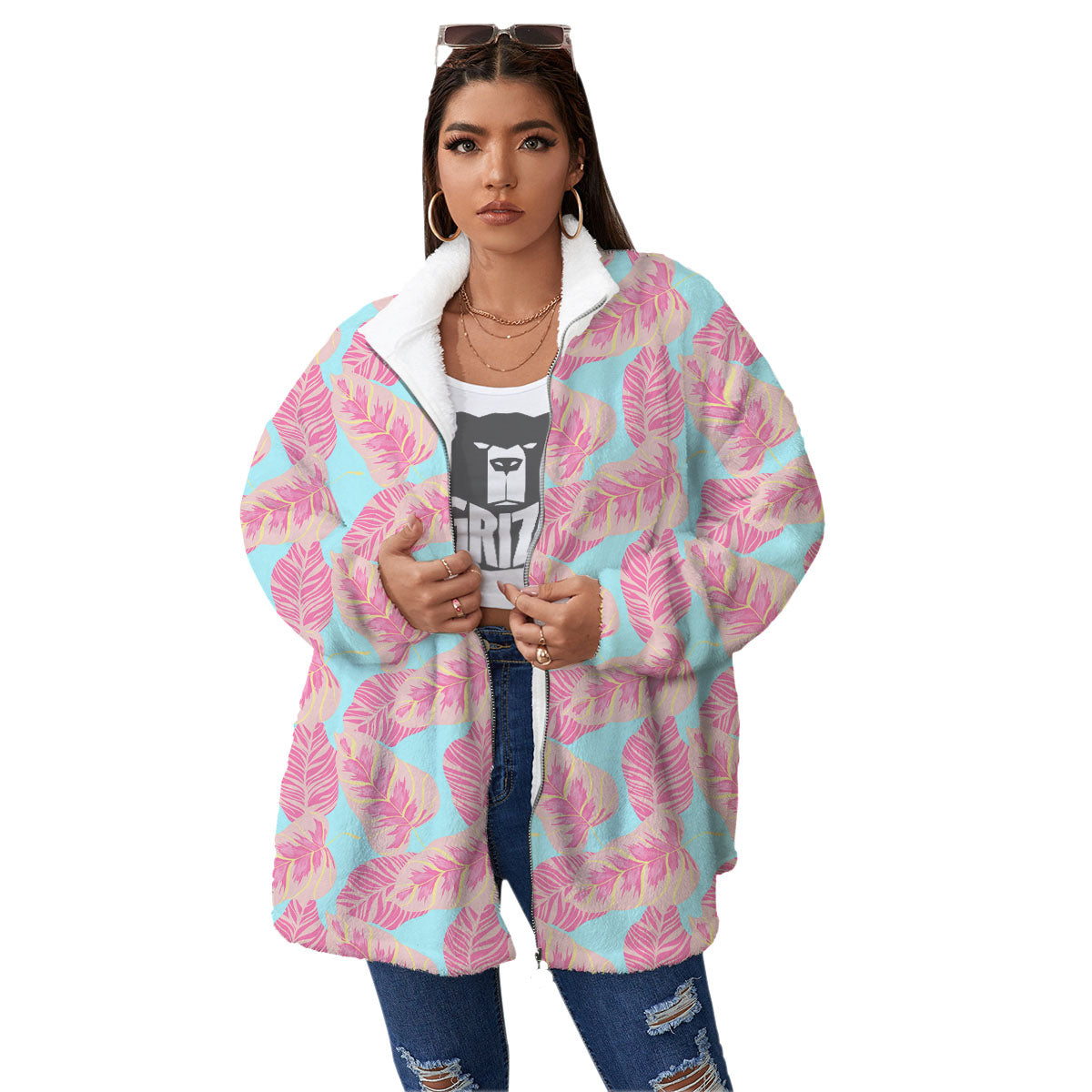 Tropical Leaf Pink And Teal Print Pattern Women's Sherpa Jacket-grizzshop