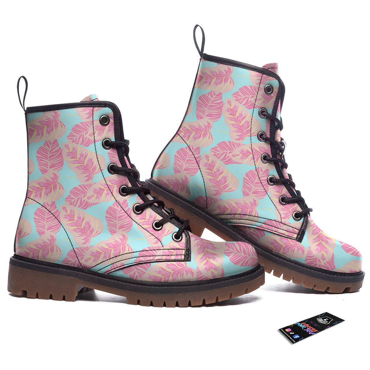 Tropical Leaf Pink And Teal Print Pattern Work Boots-grizzshop