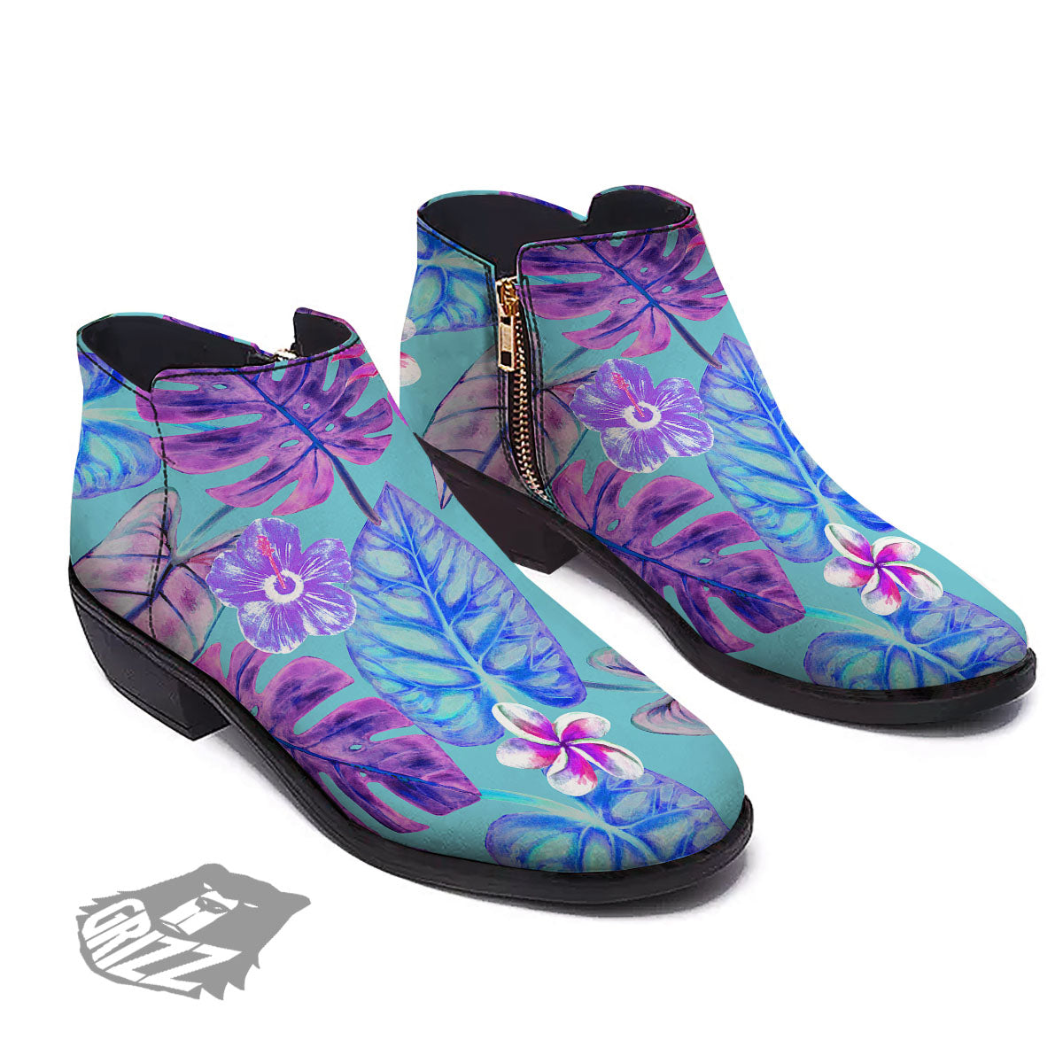 Tropical Leaf Teal And Purple Print Ankle Boots-grizzshop