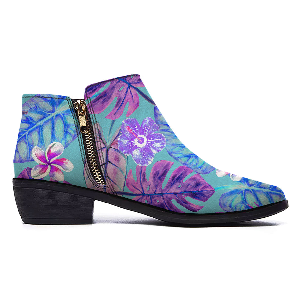 Tropical Leaf Teal And Purple Print Ankle Boots-grizzshop