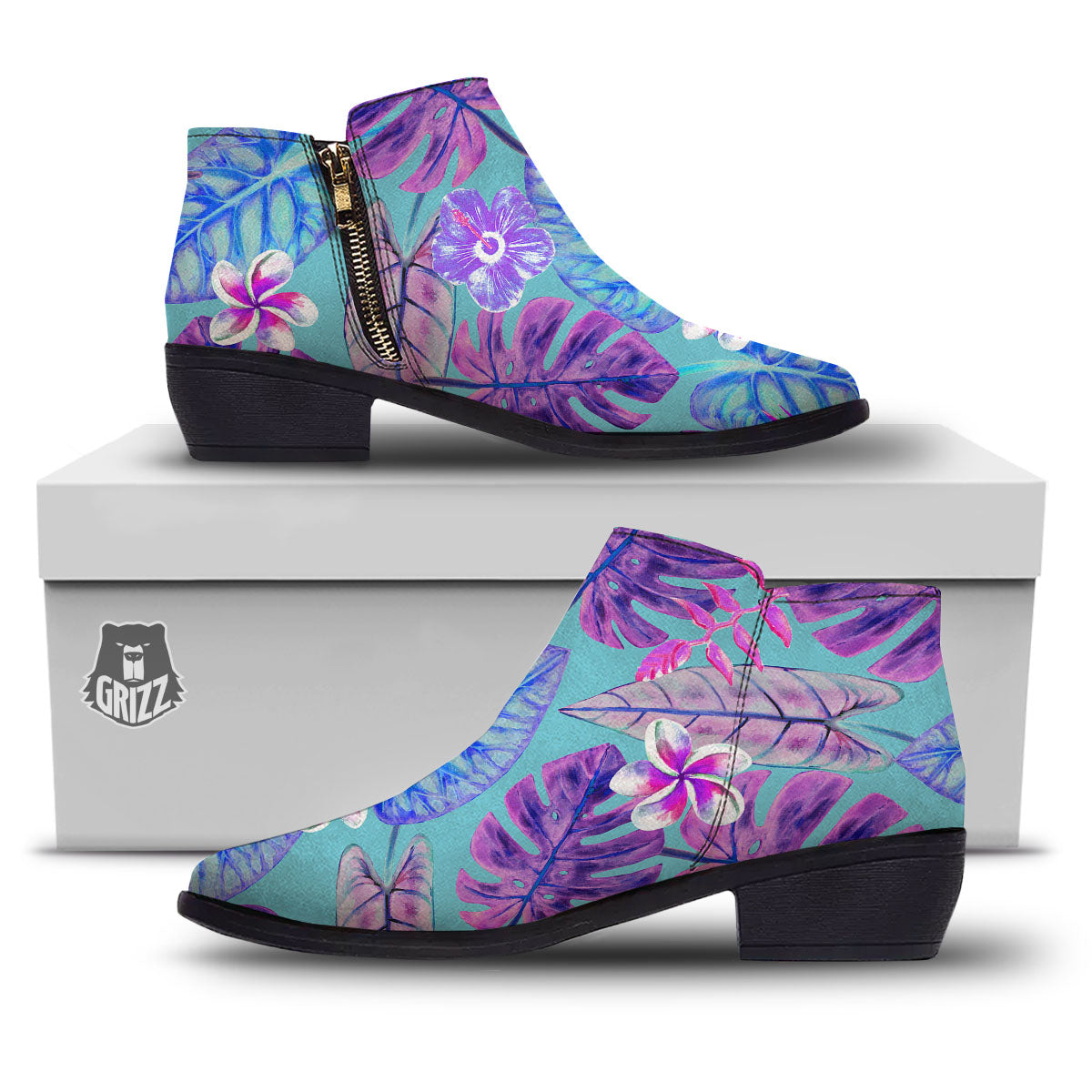 Tropical Leaf Teal And Purple Print Ankle Boots-grizzshop
