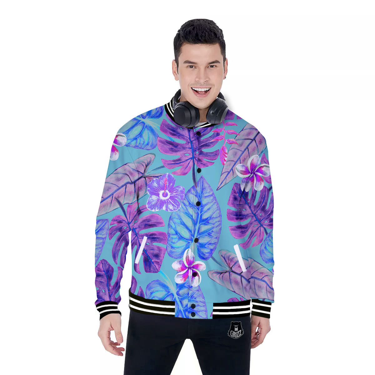 Tropical Leaf Teal And Purple Print Baseball Jacket-grizzshop