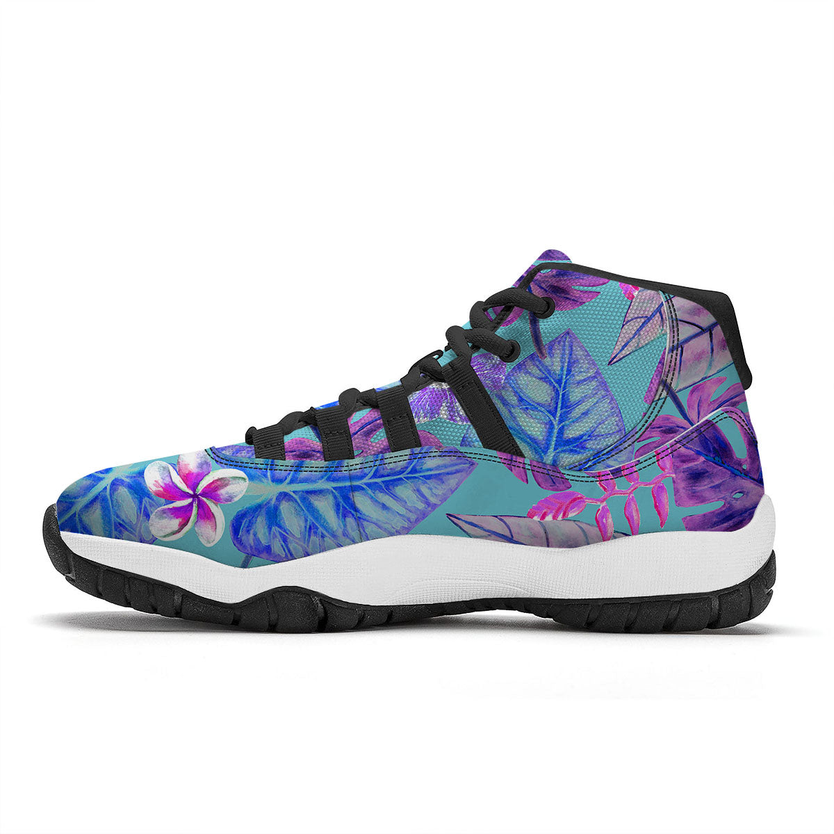 Tropical Leaf Teal And Purple Print Black Bball Shoes-grizzshop