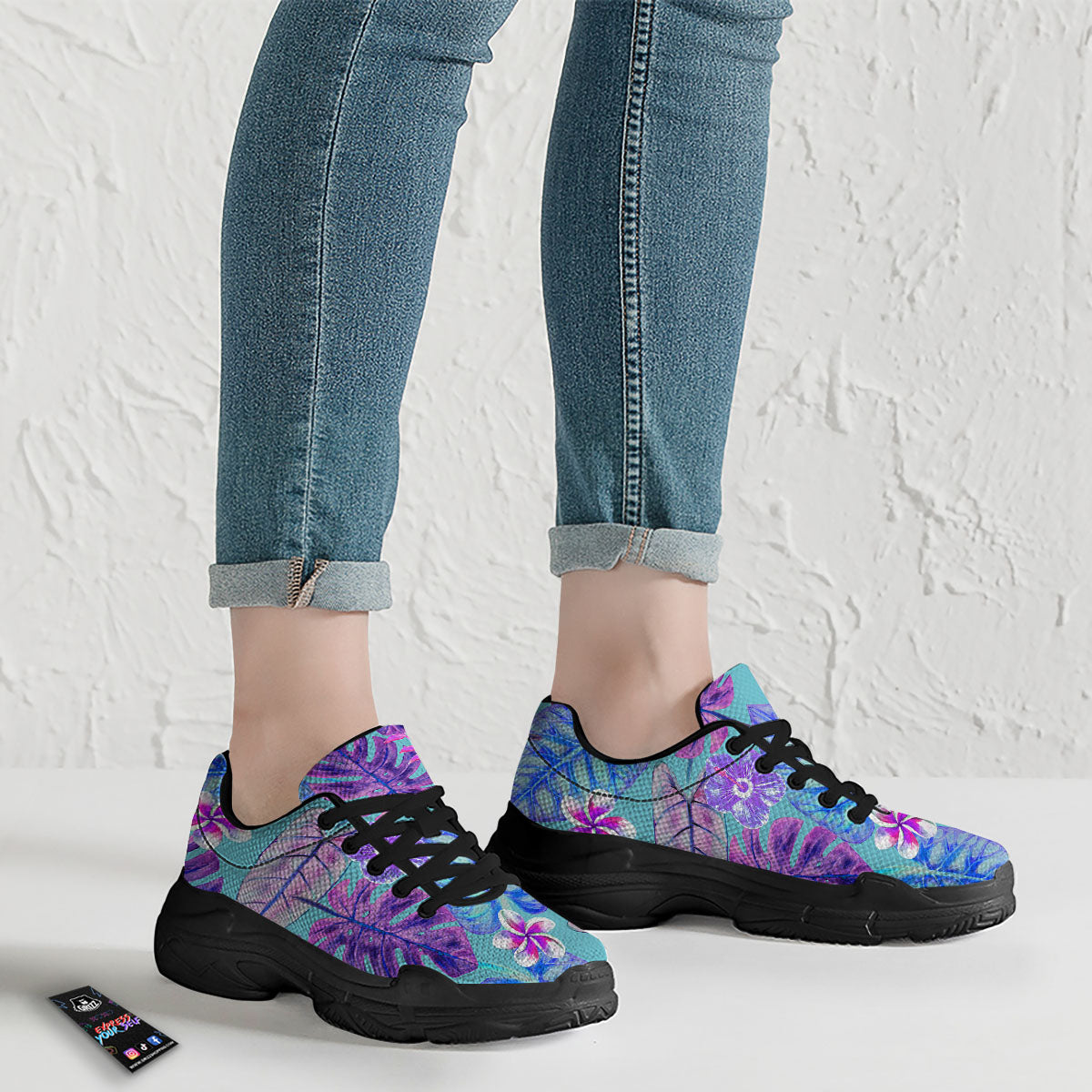 Tropical Leaf Teal And Purple Print Black Chunky Shoes-grizzshop