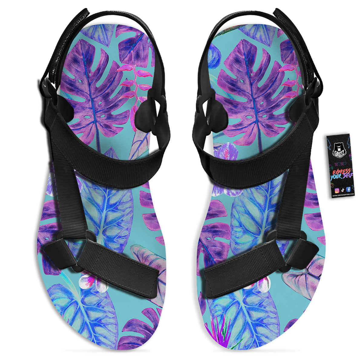 Tropical Leaf Teal And Purple Print Black Open Toe Sandals-grizzshop