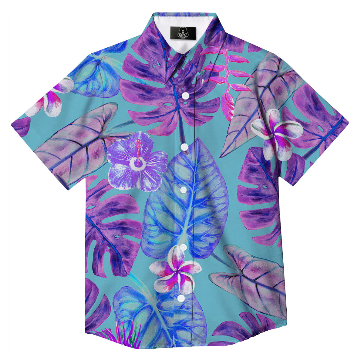 Tropical Leaf Teal And Purple Print Button Up Shirt-grizzshop