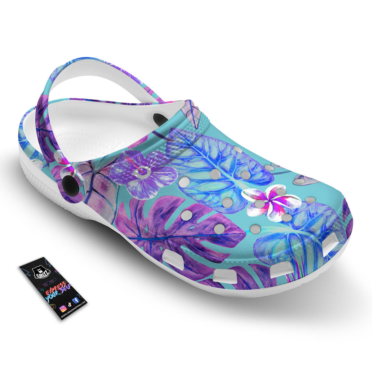 Tropical Leaf Teal And Purple Print Clog-grizzshop