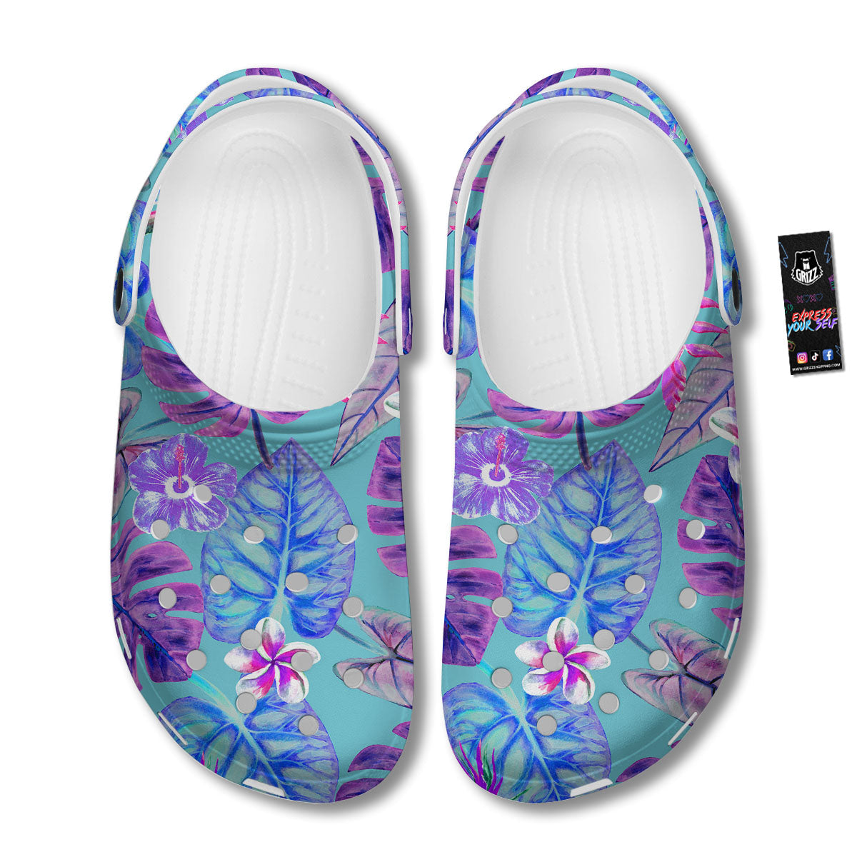 Tropical Leaf Teal And Purple Print Clog-grizzshop