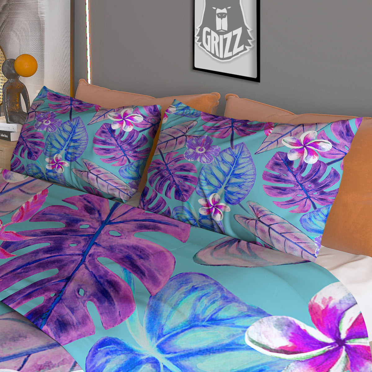 Tropical Leaf Teal And Purple Print Duvet Cover Bedding Set