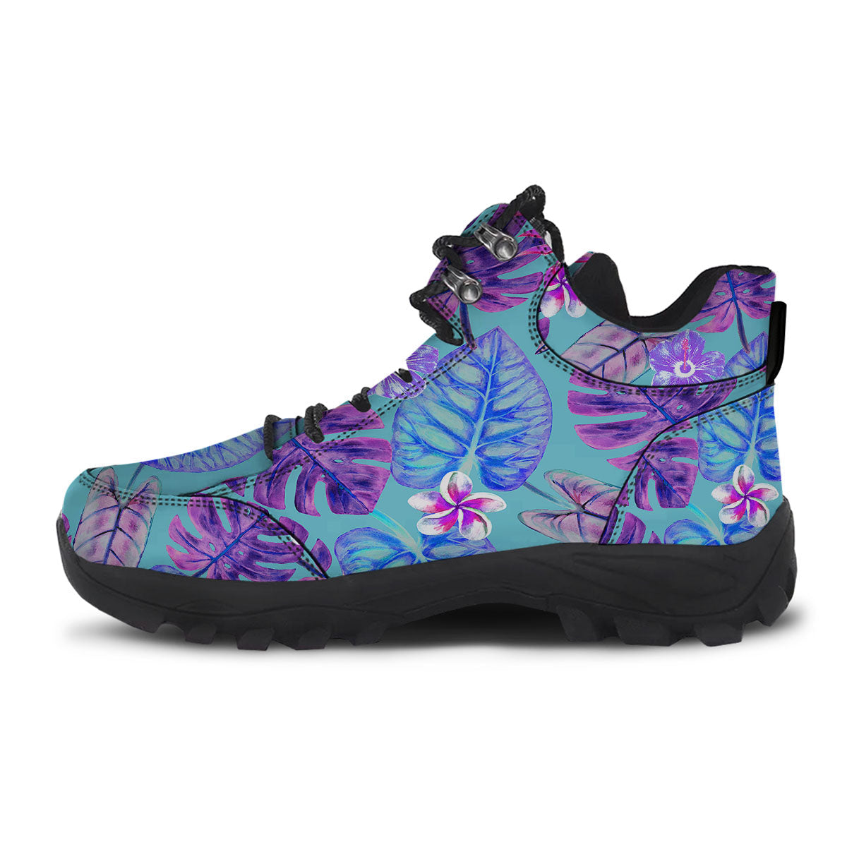 Tropical Leaf Teal And Purple Print Hiking Shoes-grizzshop