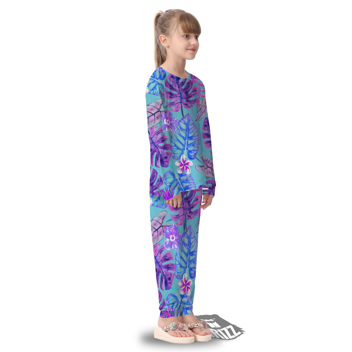Tropical Leaf Teal And Purple Print Kid's Pajamas-grizzshop