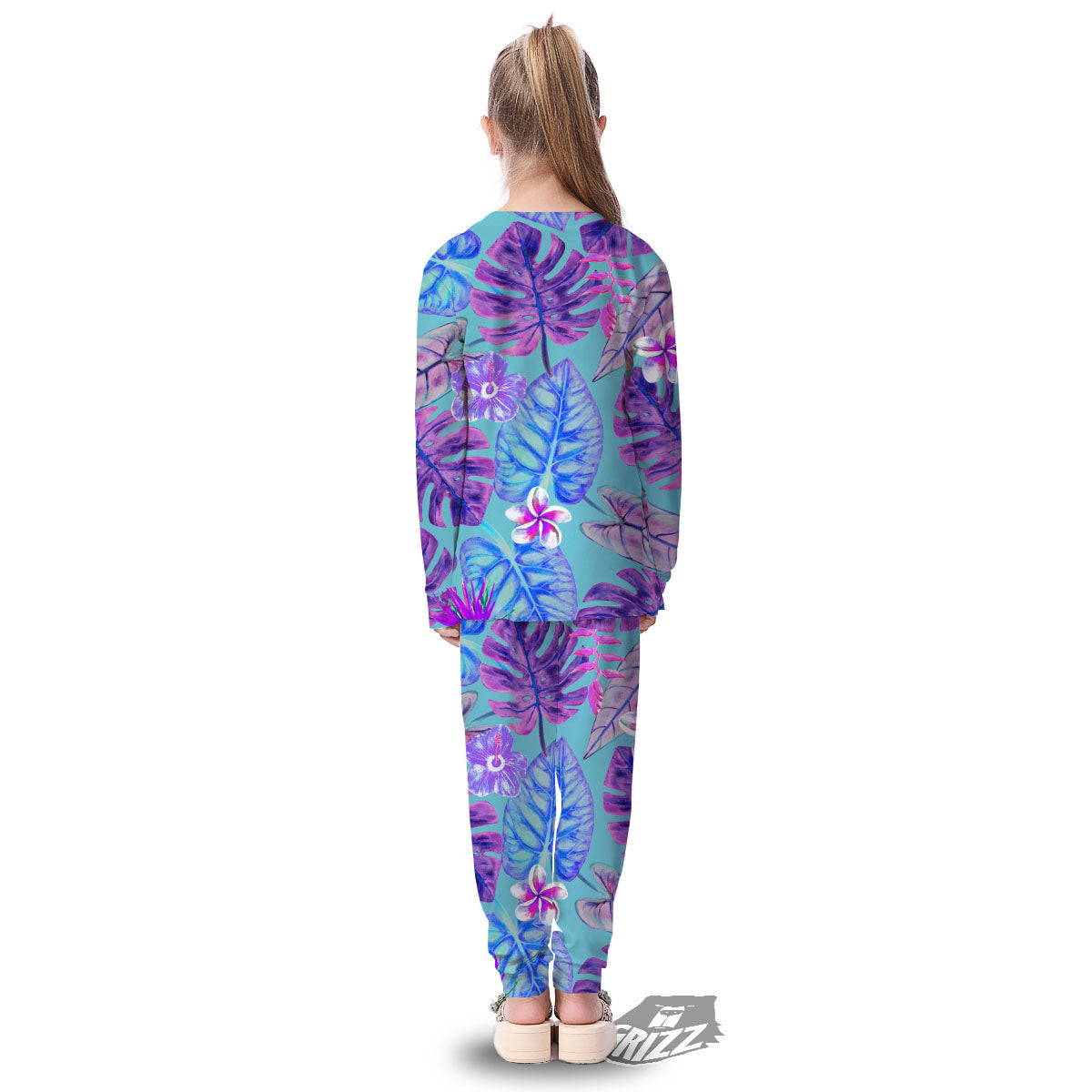 Tropical Leaf Teal And Purple Print Kid's Pajamas-grizzshop