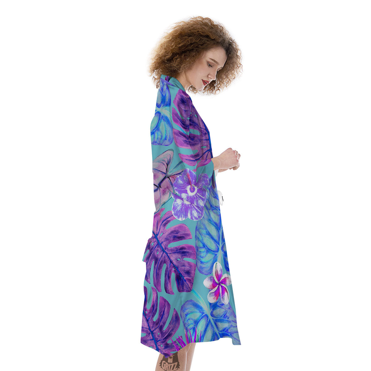 Tropical Leaf Teal And Purple Print Kimono-grizzshop