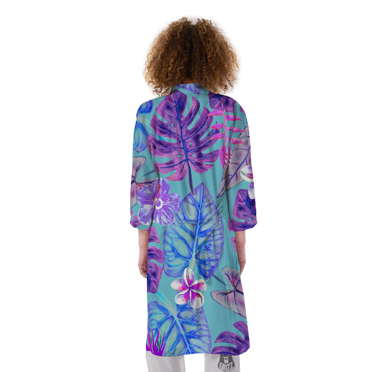 Tropical Leaf Teal And Purple Print Kimono-grizzshop