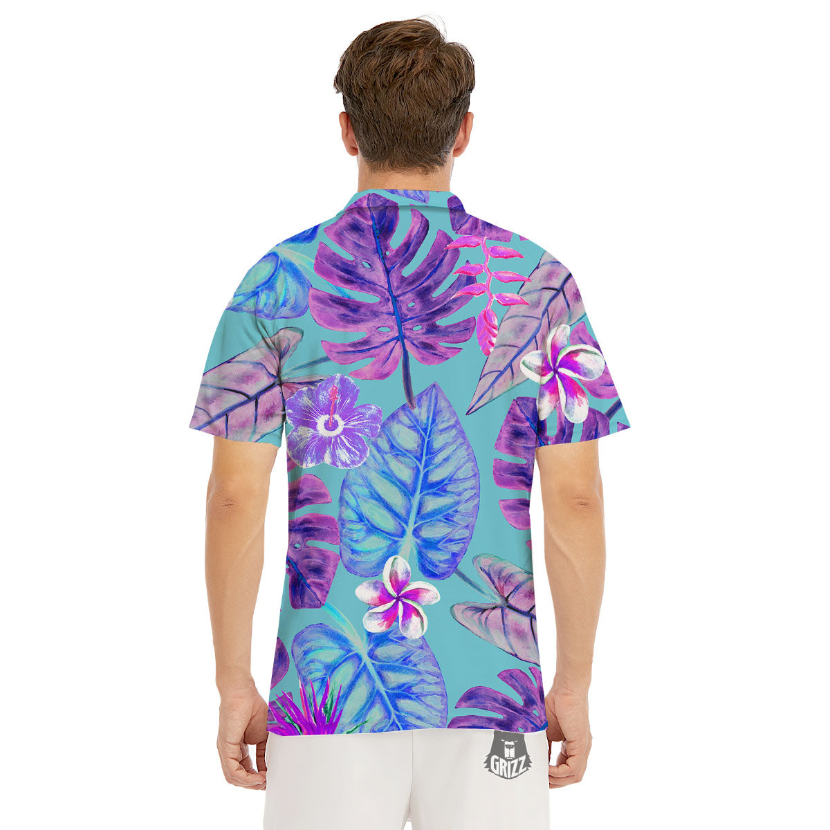 Tropical Leaf Teal And Purple Print Men's Golf Shirts-grizzshop