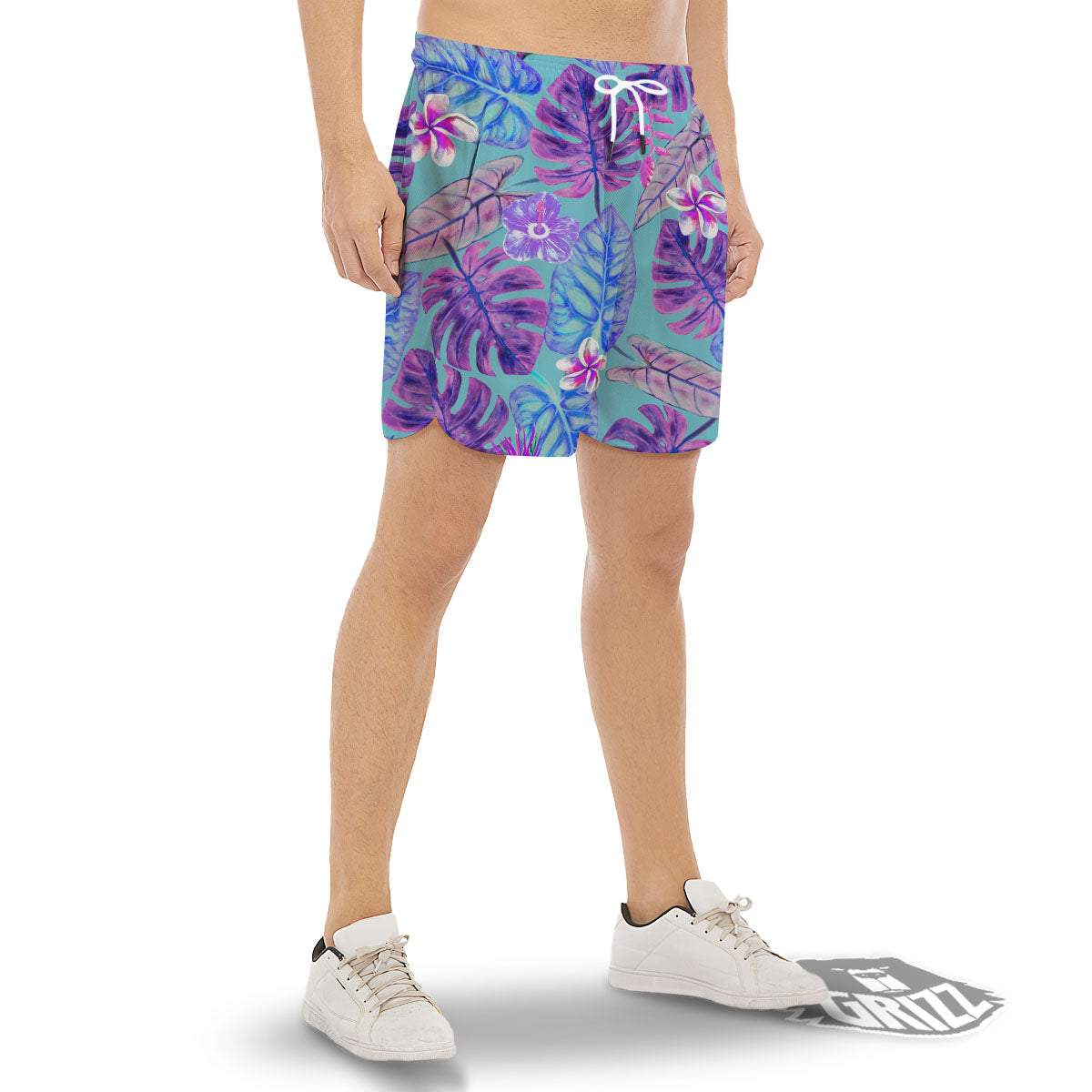 Tropical Leaf Teal And Purple Print Men's Gym Shorts-grizzshop