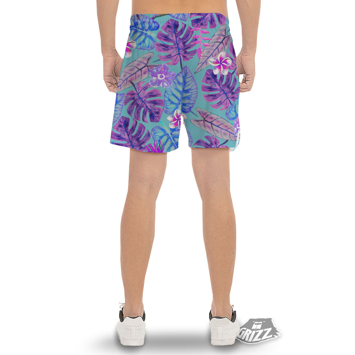 Tropical Leaf Teal And Purple Print Men's Gym Shorts-grizzshop