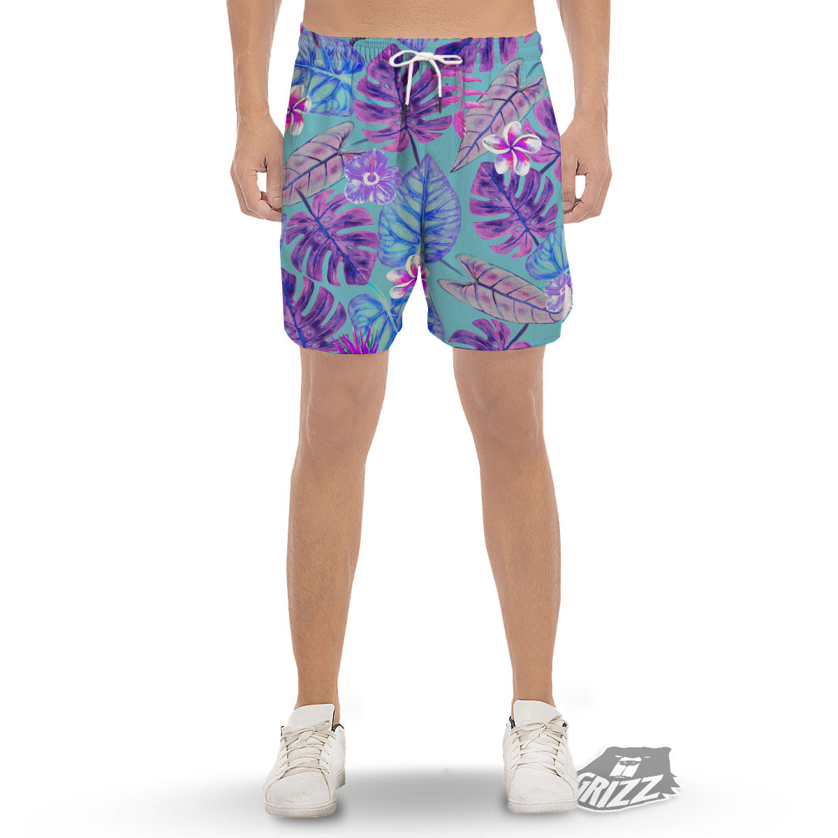 Tropical Leaf Teal And Purple Print Men's Gym Shorts-grizzshop