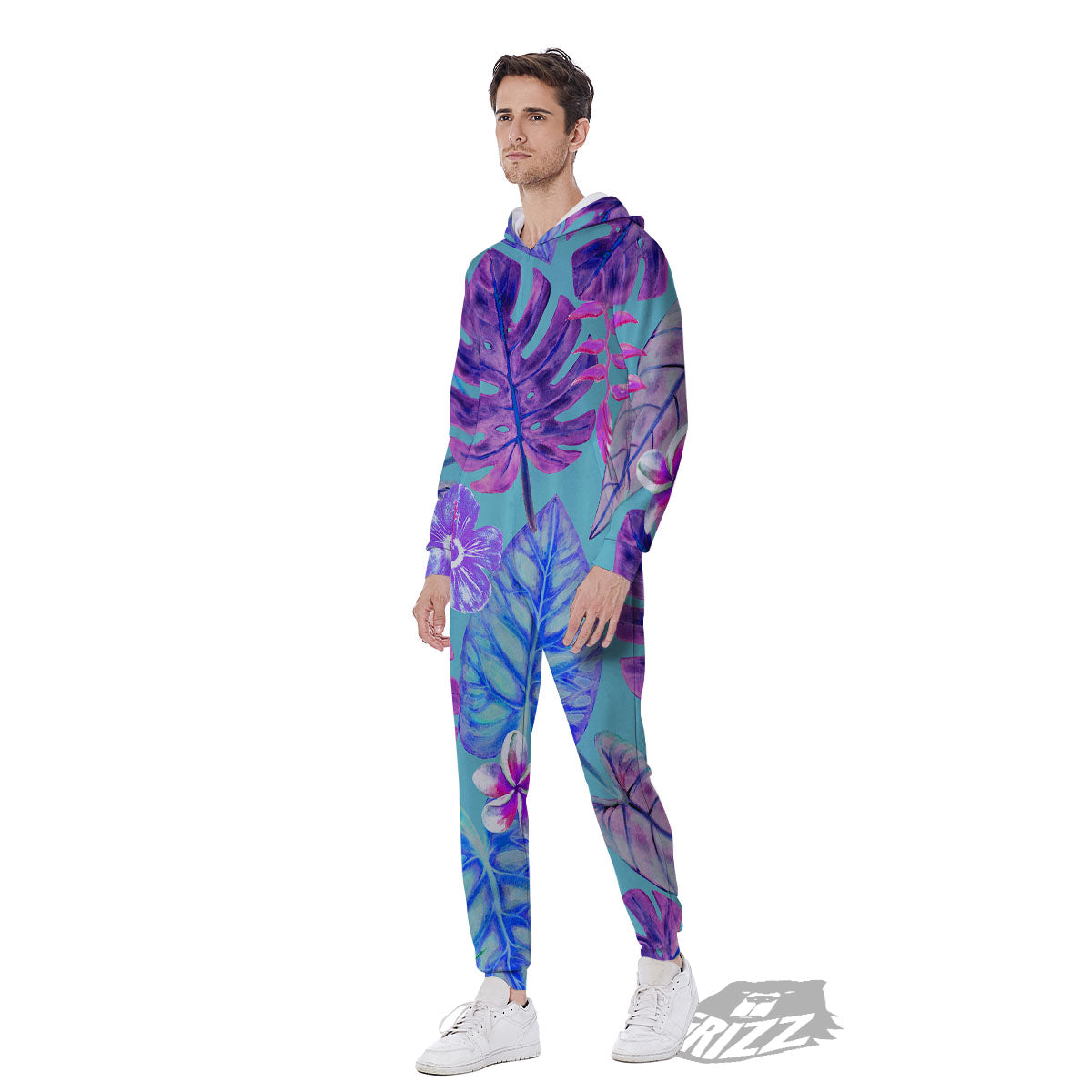 Tropical Leaf Teal And Purple Print Men's Jumpsuit-grizzshop