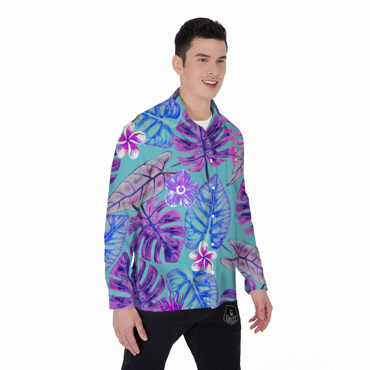 Tropical Leaf Teal And Purple Print Men's Long Sleeve Shirts-grizzshop