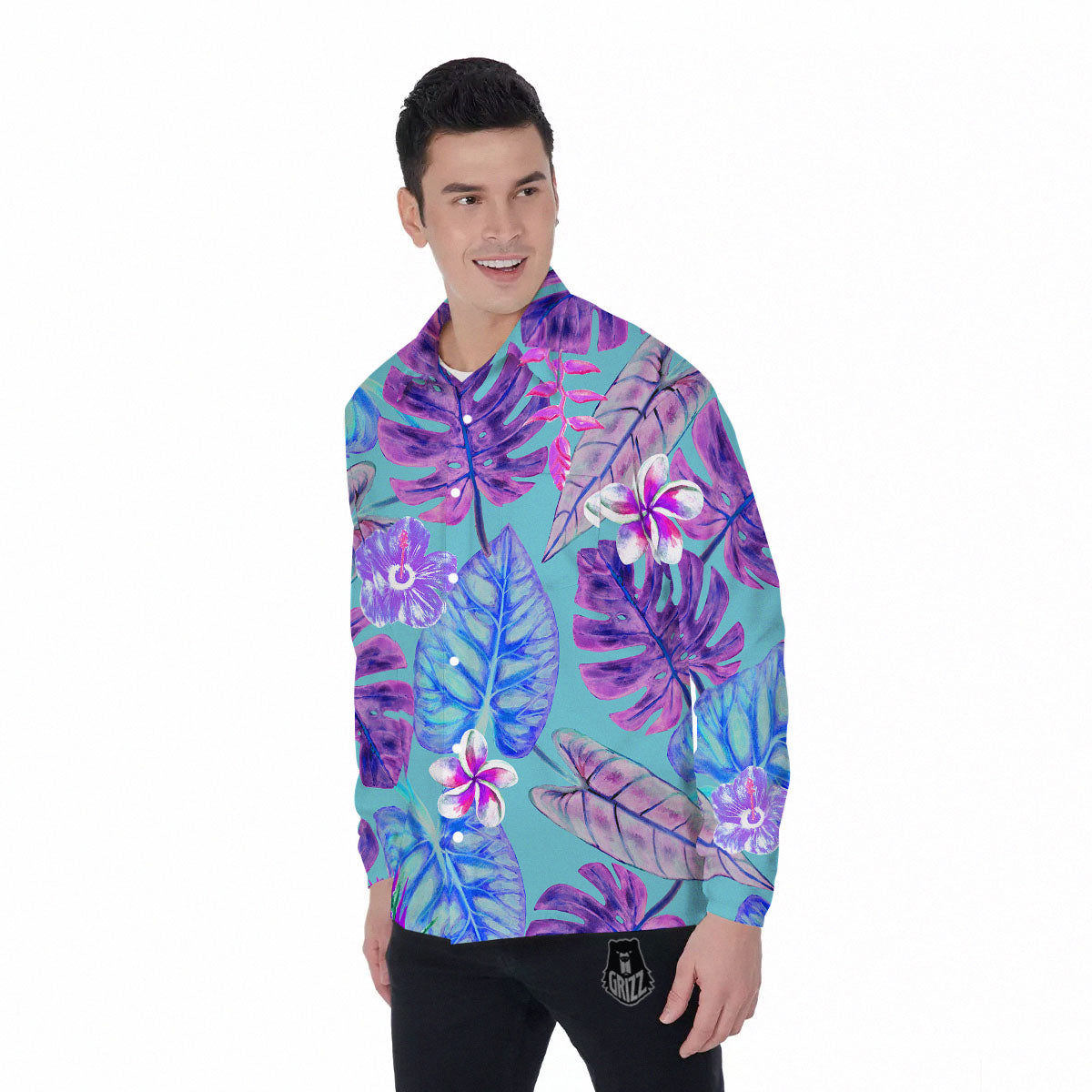 Tropical Leaf Teal And Purple Print Men's Long Sleeve Shirts-grizzshop