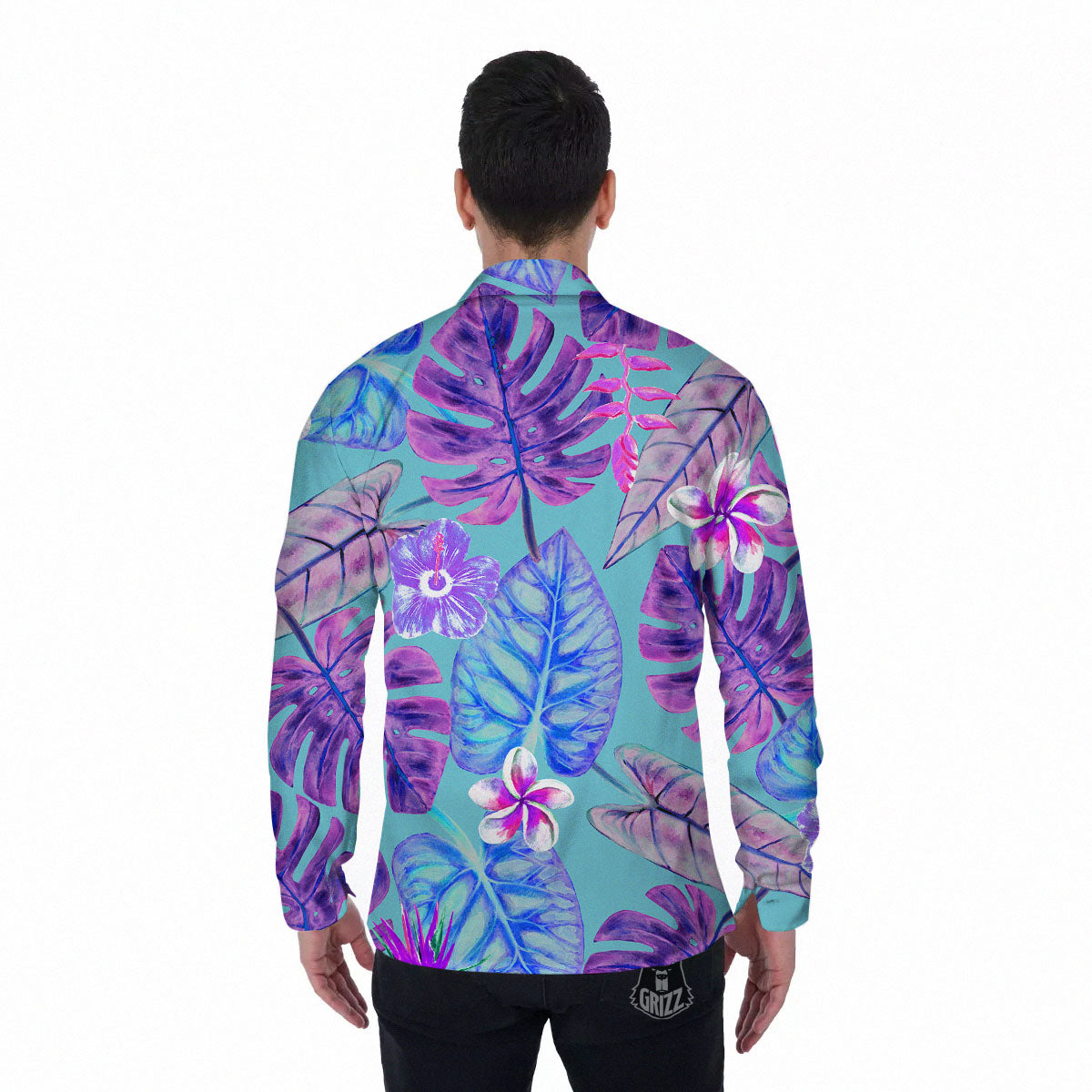 Tropical Leaf Teal And Purple Print Men's Long Sleeve Shirts-grizzshop