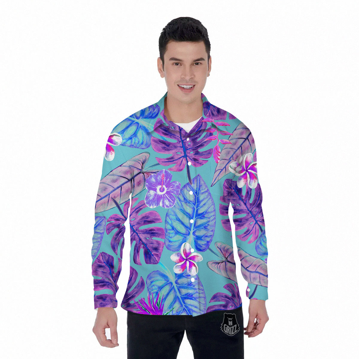 Tropical Leaf Teal And Purple Print Men's Long Sleeve Shirts-grizzshop