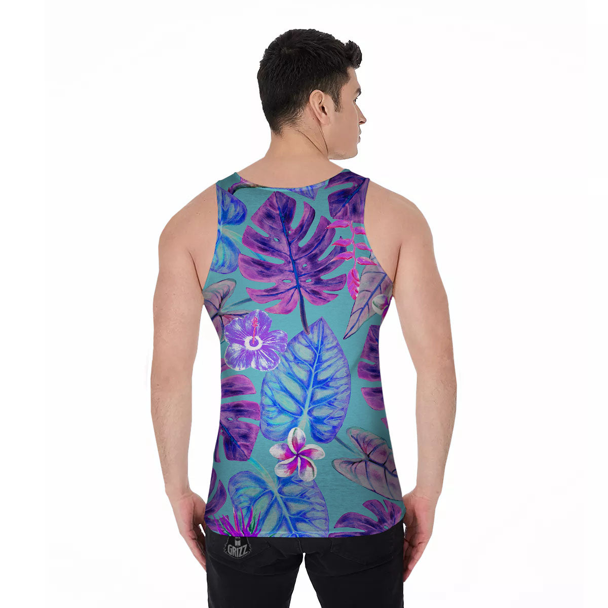 Tropical Leaf Teal And Purple Print Men's Tank Top-grizzshop