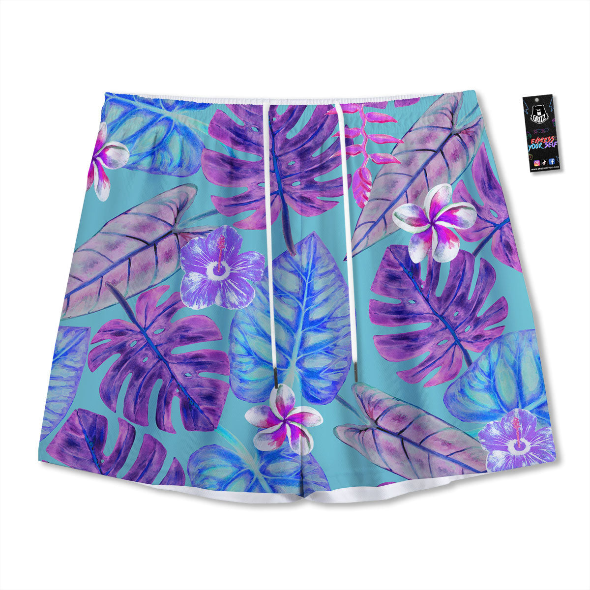Tropical Leaf Teal And Purple Print Mesh Shorts