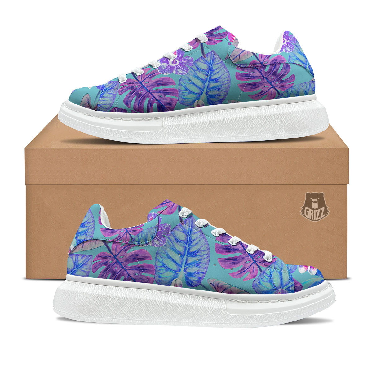 Tropical Leaf Teal And Purple Print Platform Shoes-grizzshop