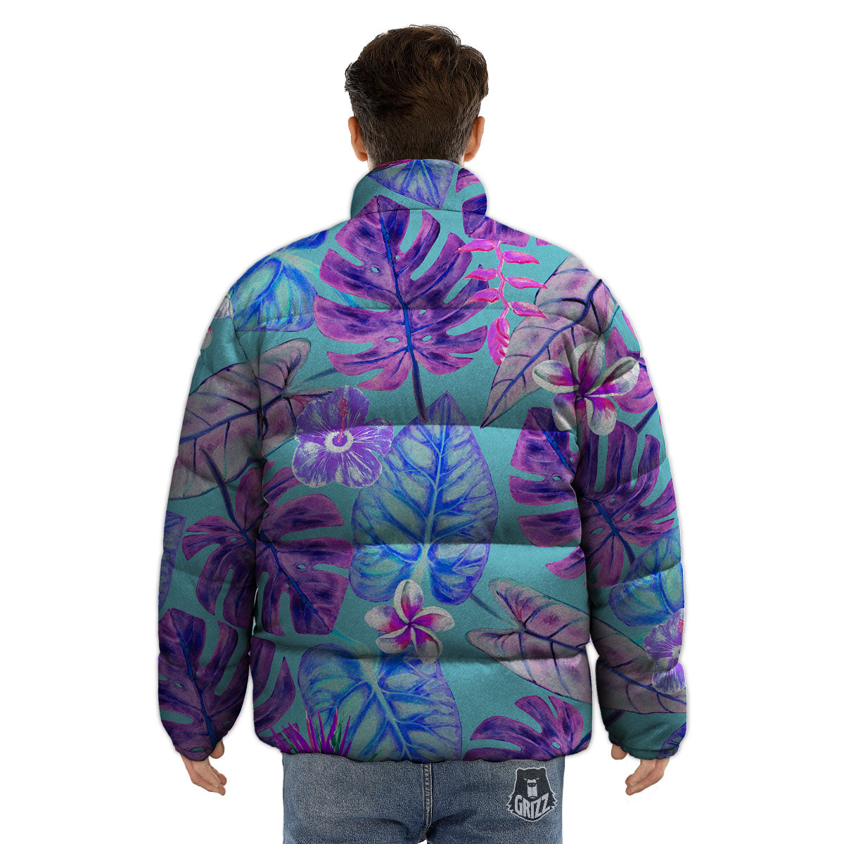 Tropical Leaf Teal And Purple Print Puffer Jacket-grizzshop