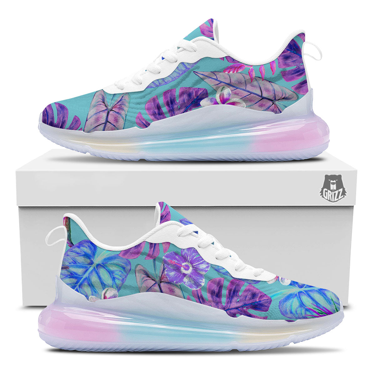 Tropical Leaf Teal And Purple Print Running Sneakers-grizzshop