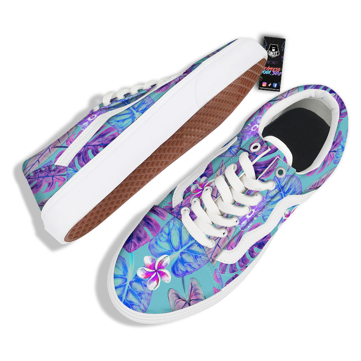 Tropical Leaf Teal And Purple Print Skate Shoes-grizzshop