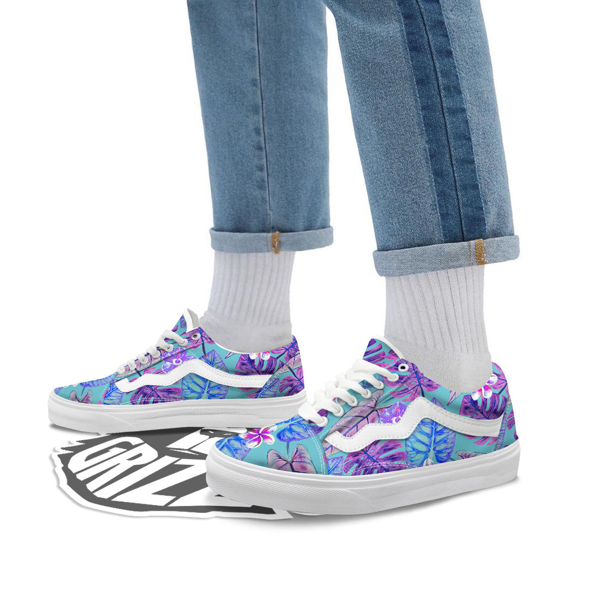 Tropical Leaf Teal And Purple Print Skate Shoes-grizzshop