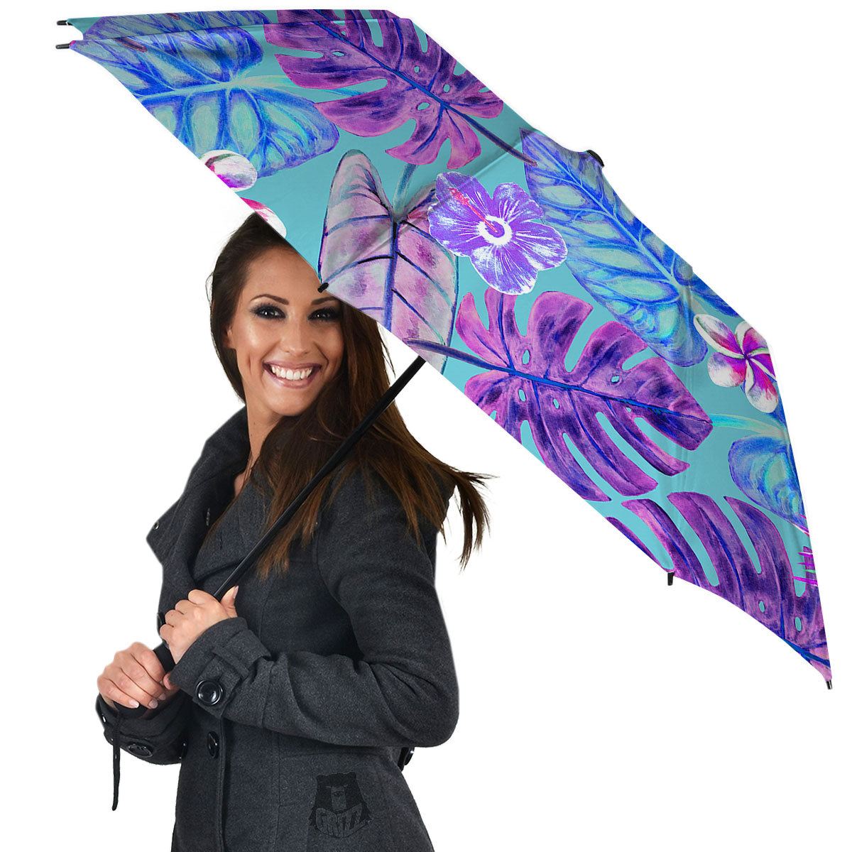 Tropical Leaf Teal And Purple Print Umbrella-grizzshop