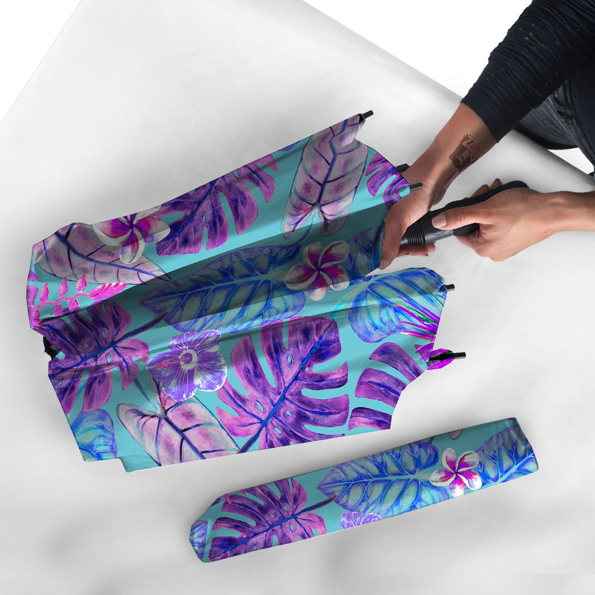 Tropical Leaf Teal And Purple Print Umbrella-grizzshop