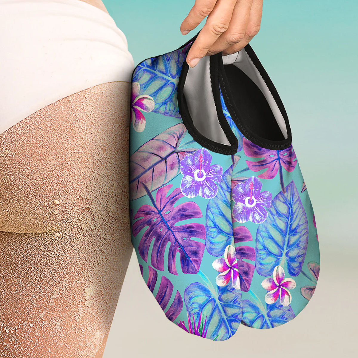 Tropical Leaf Teal And Purple Print Water Shoes-grizzshop