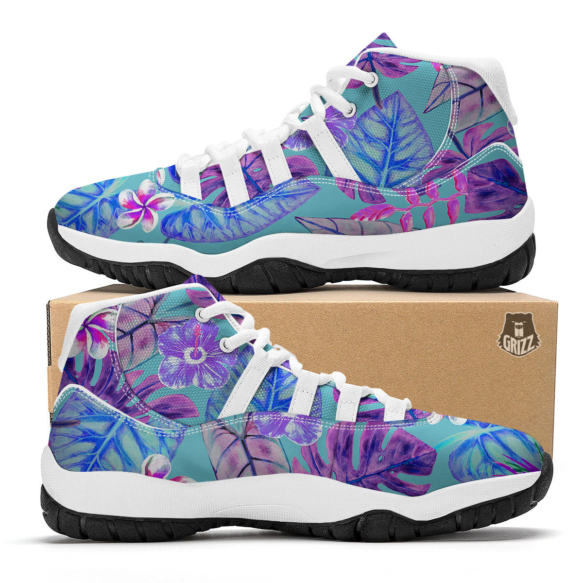 Tropical Leaf Teal And Purple Print White Bball Shoes-grizzshop