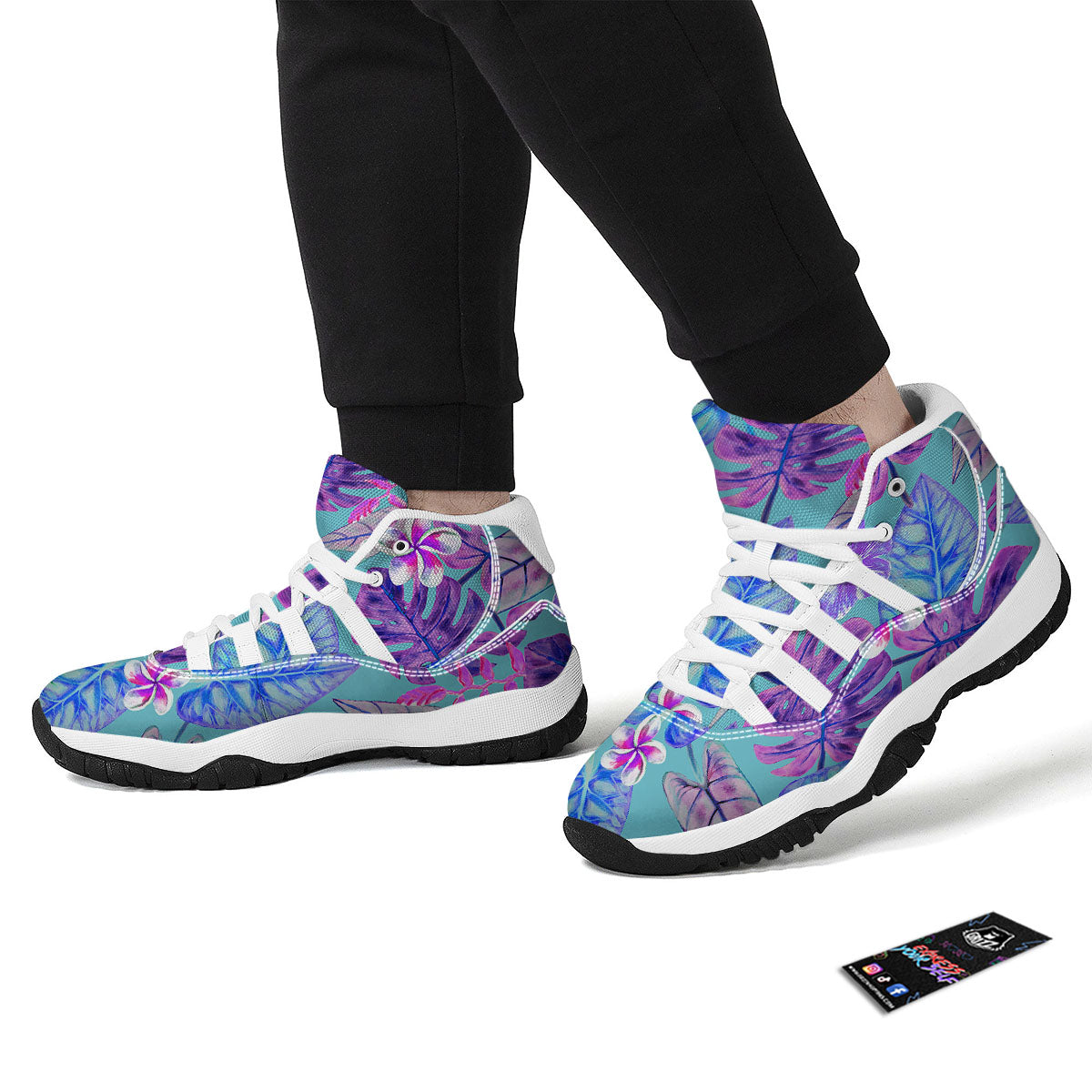 Tropical Leaf Teal And Purple Print White Bball Shoes-grizzshop