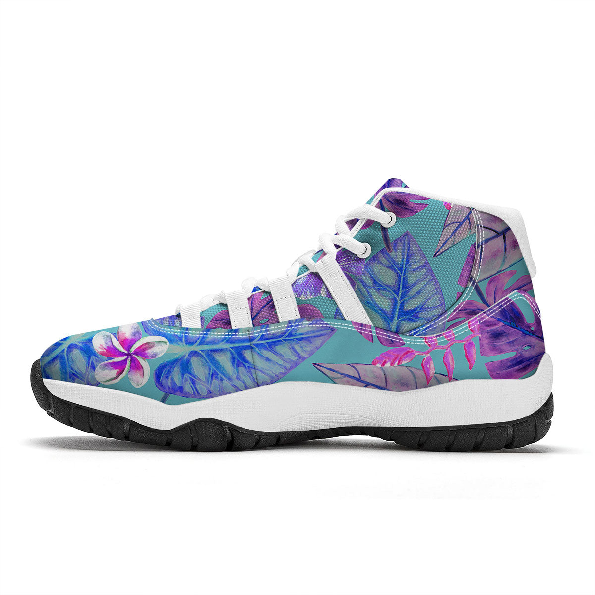 Tropical Leaf Teal And Purple Print White Bball Shoes-grizzshop