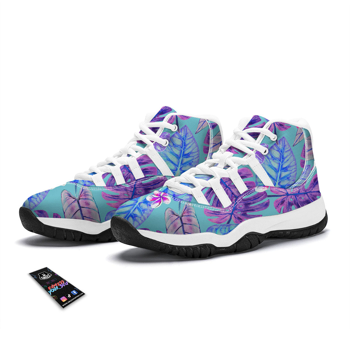 Tropical Leaf Teal And Purple Print White Bball Shoes-grizzshop