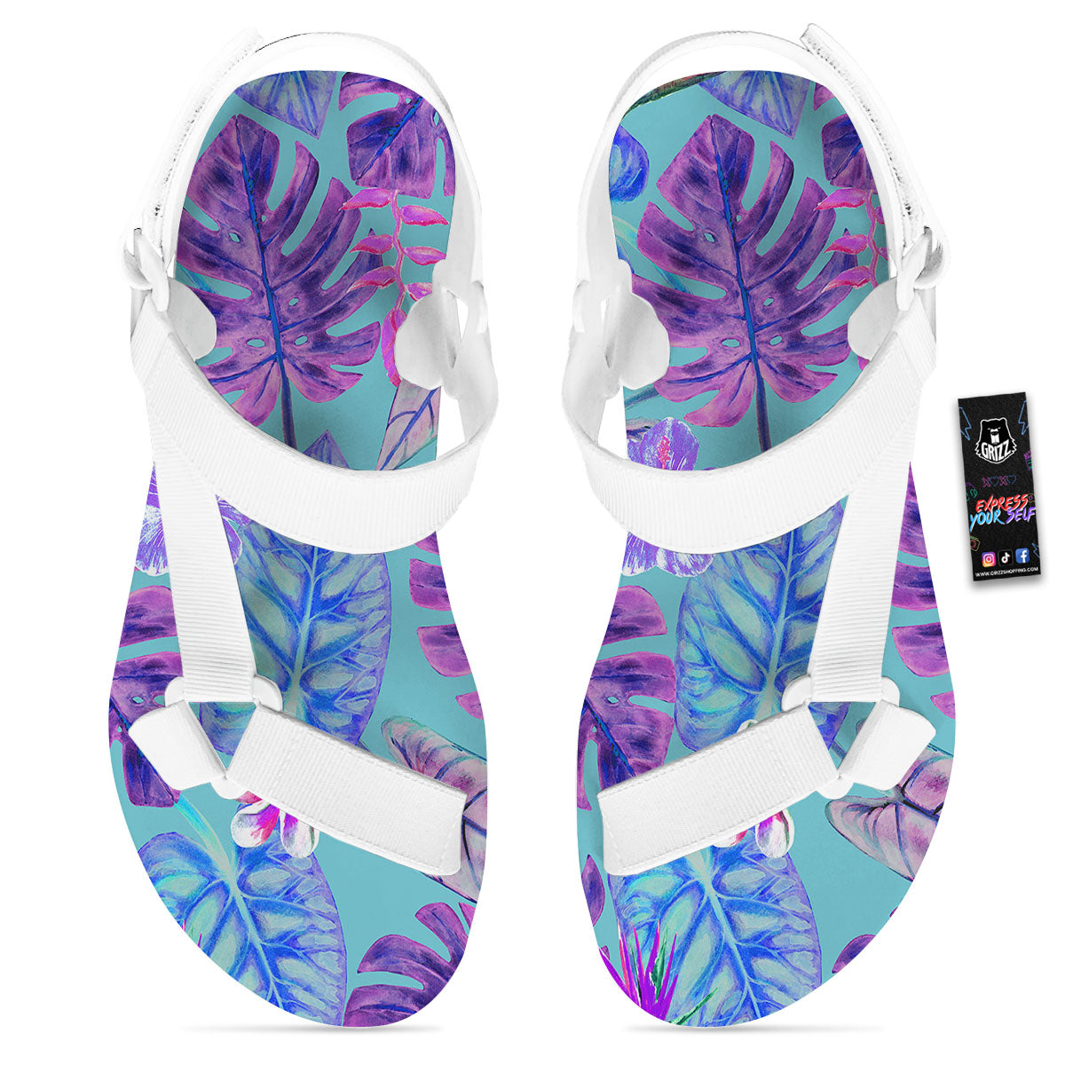 Tropical Leaf Teal And Purple Print White Open Toe Sandals-grizzshop