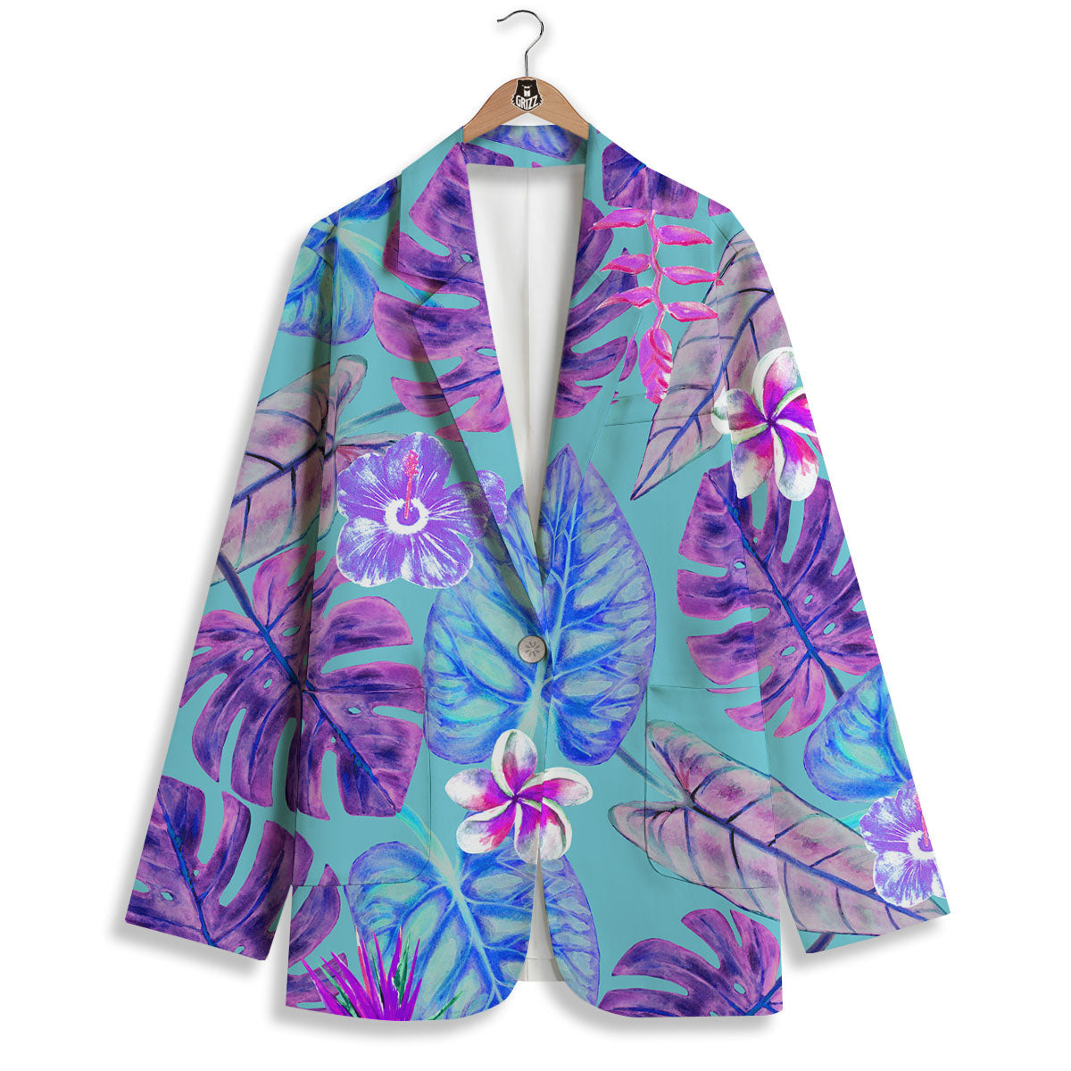 Tropical Leaf Teal And Purple Print Women's Blazer-grizzshop