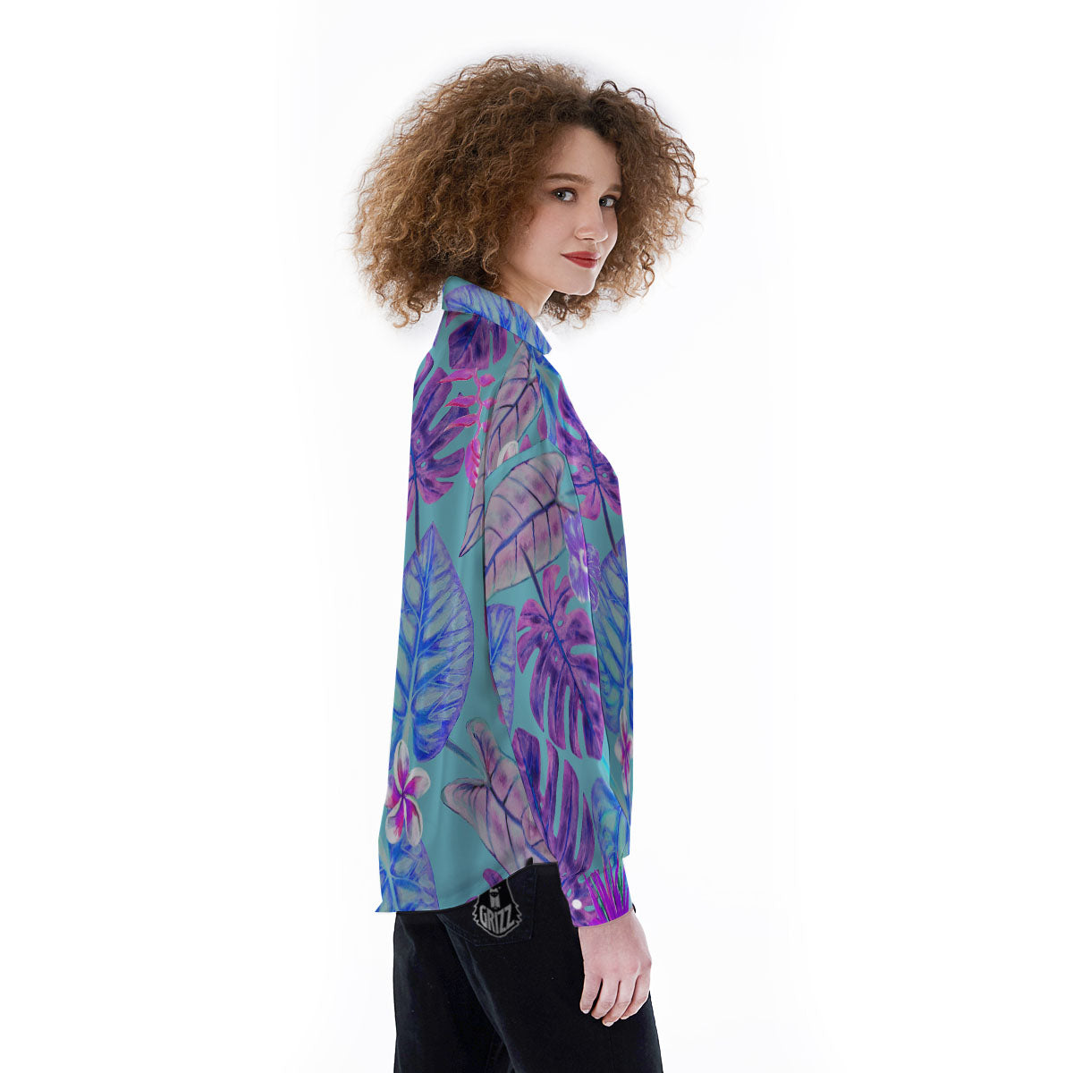Tropical Leaf Teal And Purple Print Women's Long Sleeve Shirts-grizzshop