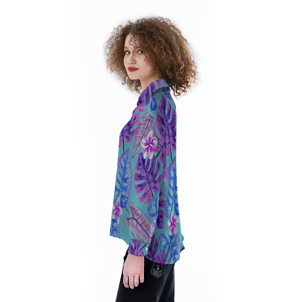 Tropical Leaf Teal And Purple Print Women's Long Sleeve Shirts-grizzshop
