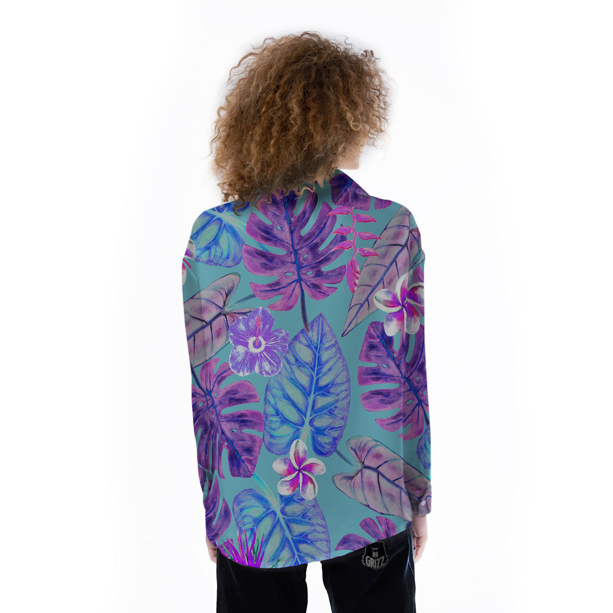 Tropical Leaf Teal And Purple Print Women's Long Sleeve Shirts-grizzshop
