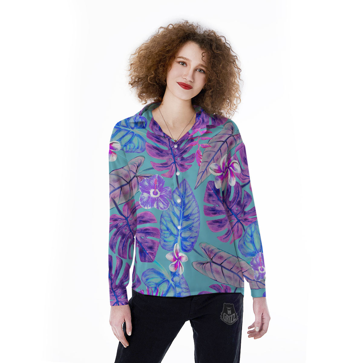 Tropical Leaf Teal And Purple Print Women's Long Sleeve Shirts-grizzshop